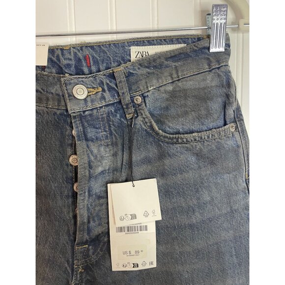 Zara Womens Loose Fit Straight Leg Low Rise Denim Jeans Size 34 Blue Distressed - Picture 7 of 16